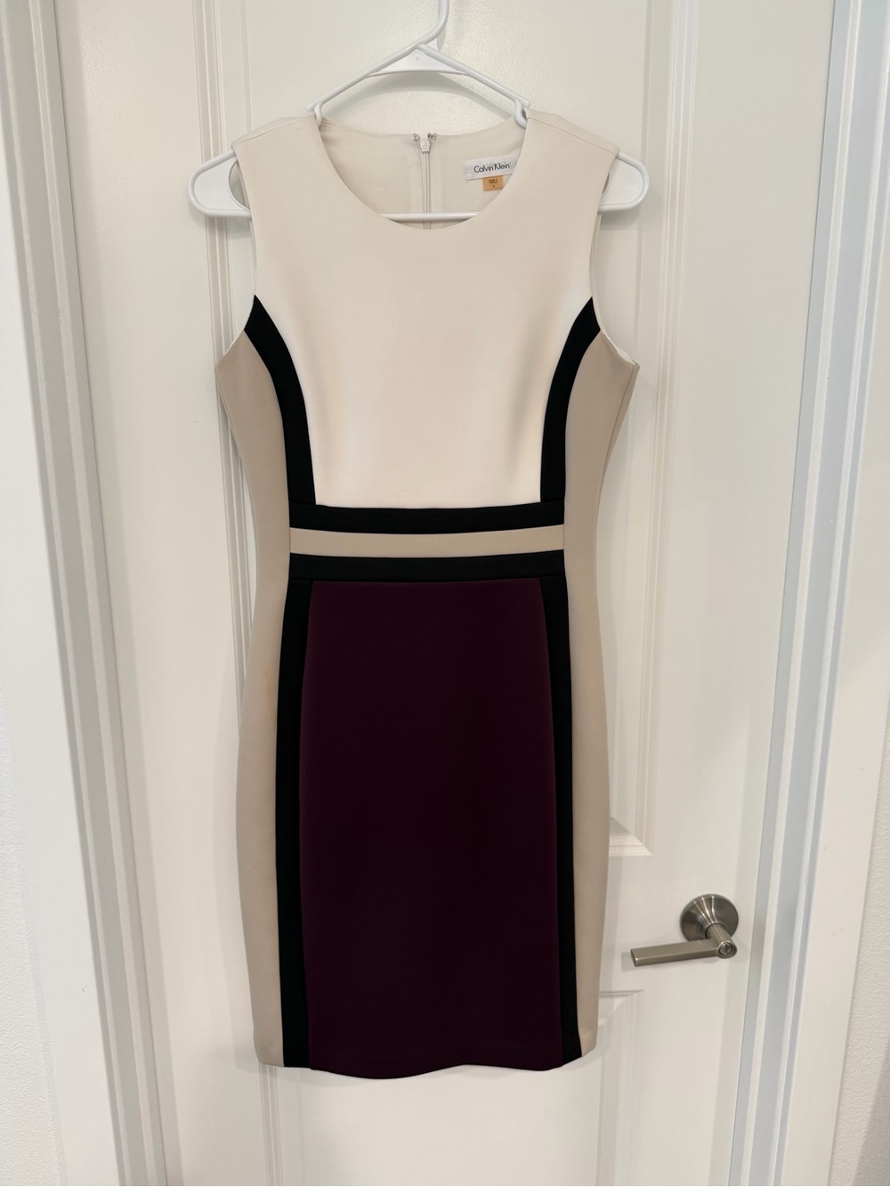 Calvin Klein Cream, Tan, Black & Plum Colorblock Midi Sheath Dress